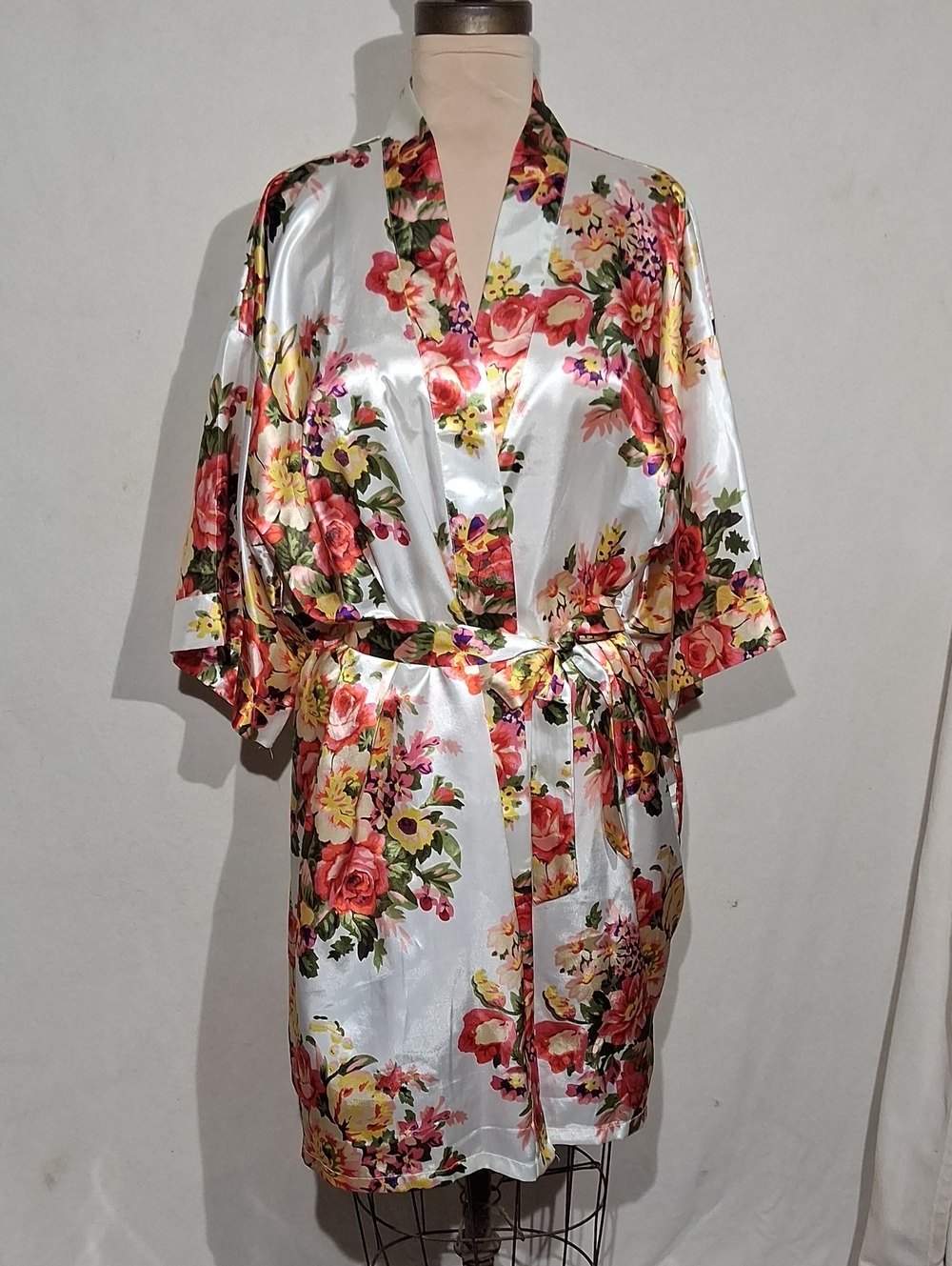 Floral Satin Kimono Robe - White with Multi-Color Flowers